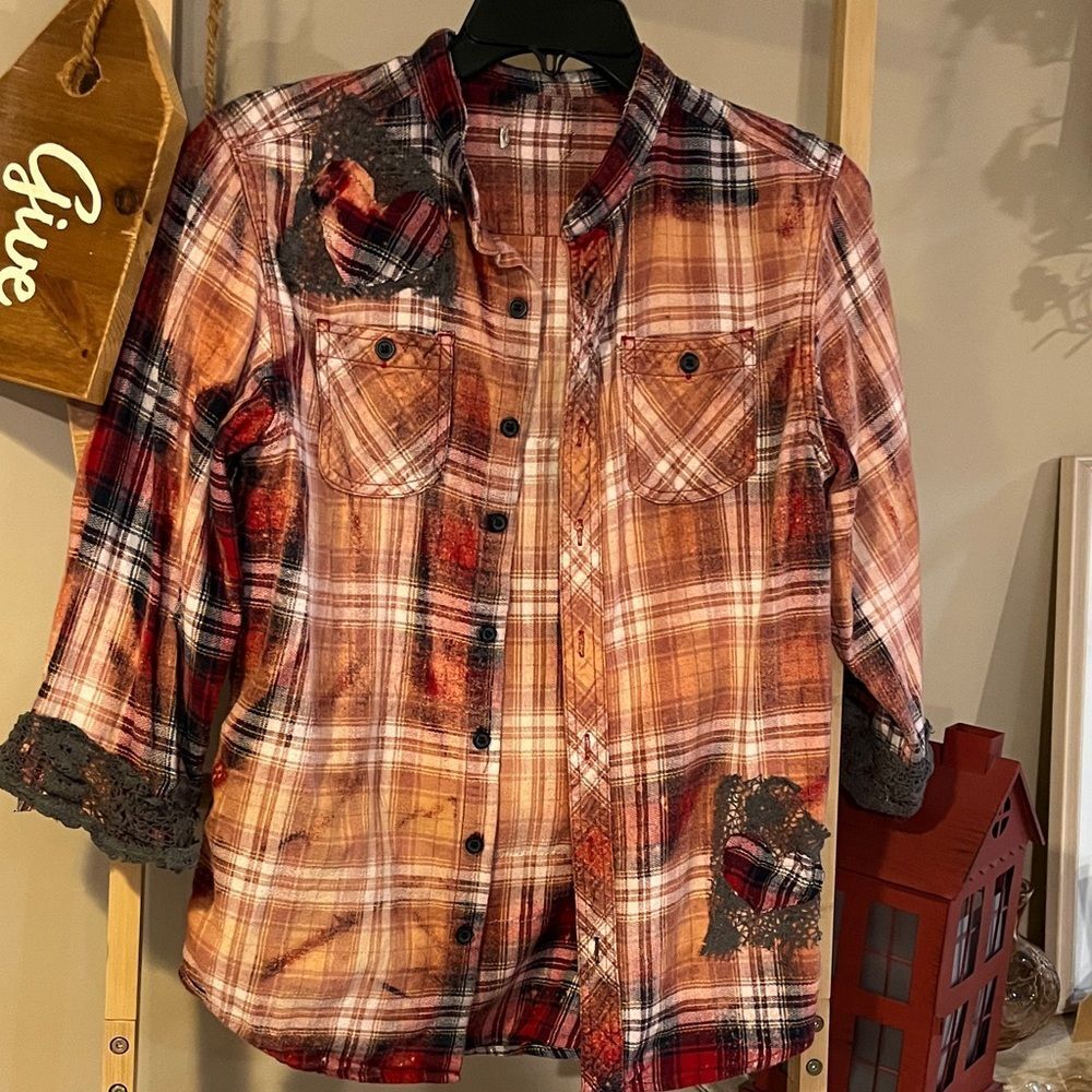 Plaid Button-Up Shirt with Lace Accents - Picture 2 of 6